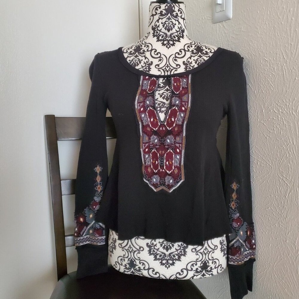 FREE PEOPLE Long Sleeve Embroider Aztec Blouse Women Black 100% Cotton XS EUC